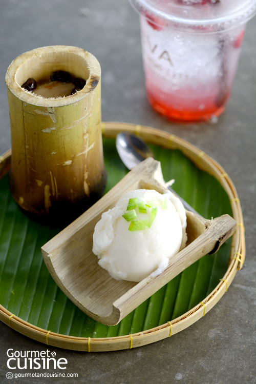 Pomelo Sorbet Ice cream served with Glutinous Rice Roasted in Bamboo Joints