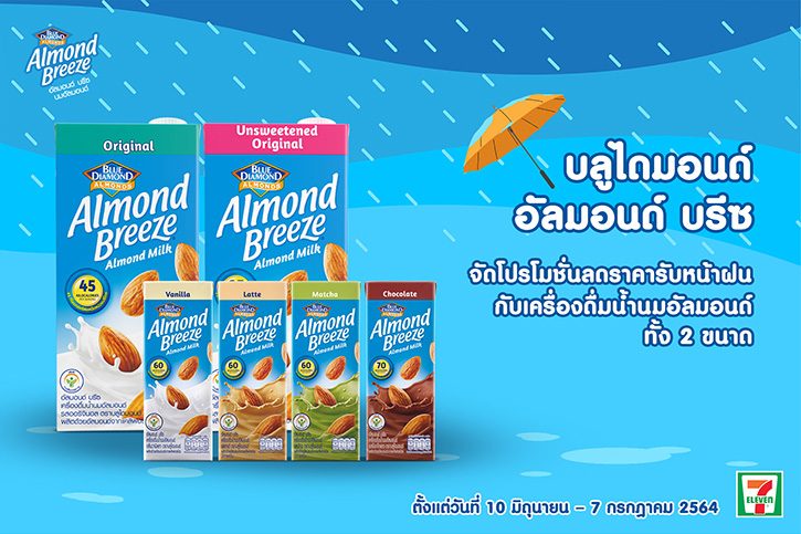 บลูไดมอนด์ อัลมอนด์ บรีซ จัดโปรโมชั่นลดราคารับหน้าฝนกับเครื่องดื่มน้ำนมอัลมอนด์ทั้ง 2 ขนาด