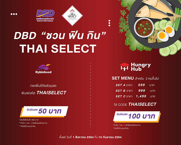 โรบินฮู้ด  ฮังกรี้ฮับ ร่วม กรมพัฒน์ฯ จัดแคมเปญ "DBD ชวน ฟิน กิน Thai SELECT"    “แจกโค้ดส่วนลด เซ็ทเมนูสุดคุ้ม ลดราคาอาหาร On Top 5-20%” 