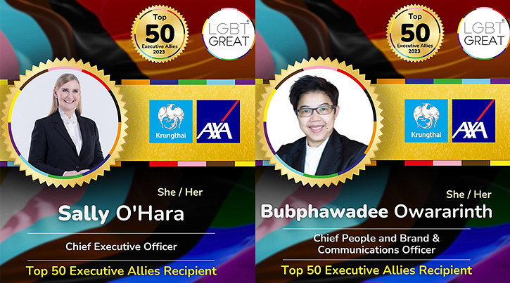 2 ผู้บริหาร กรุงไทย–แอกซ่า ประกันชีวิต ได้รับคัดเลือกให้เป็น Top 50 Executive Allies 2023 จาก LGBT Great