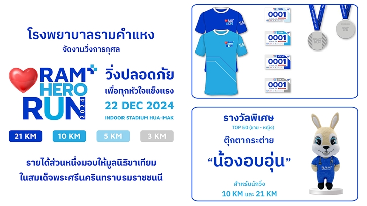 โค้งสุดท้าย! รพ.รามคำแหง ชวนสมัครงานวิ่งแห่งปี 'RAM HERO RUN 2024'  วิ่งปลอดภัย เพื่อทุกหัวใจแข็งแรง เปิดรับสมัครถึง 30 พฤศจิกายน 67 นี้ 